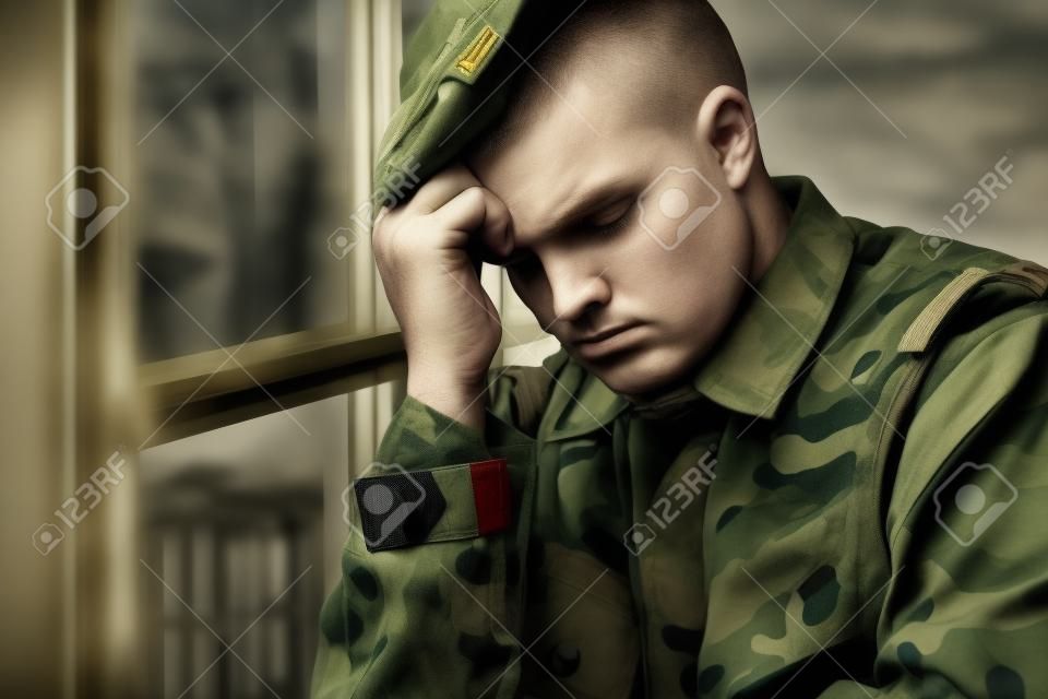 Soldato depresso e solitario in uniforme militare con sindrome di guerra