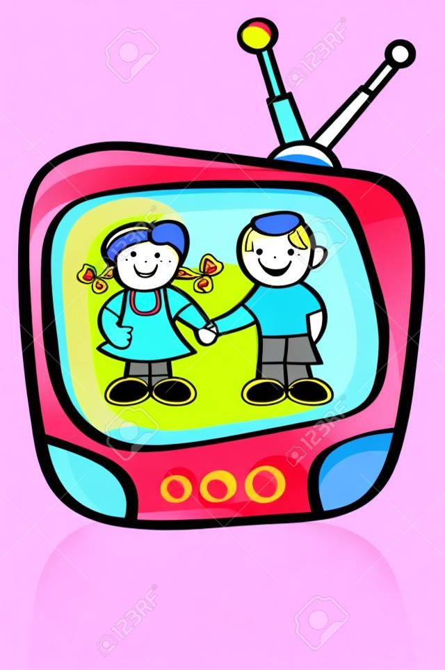 cartoon-style illustration of two kids on TV screen