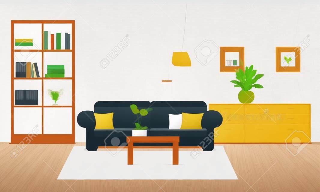 Interni soggiorno con illustrazione vettoriale mobili.
