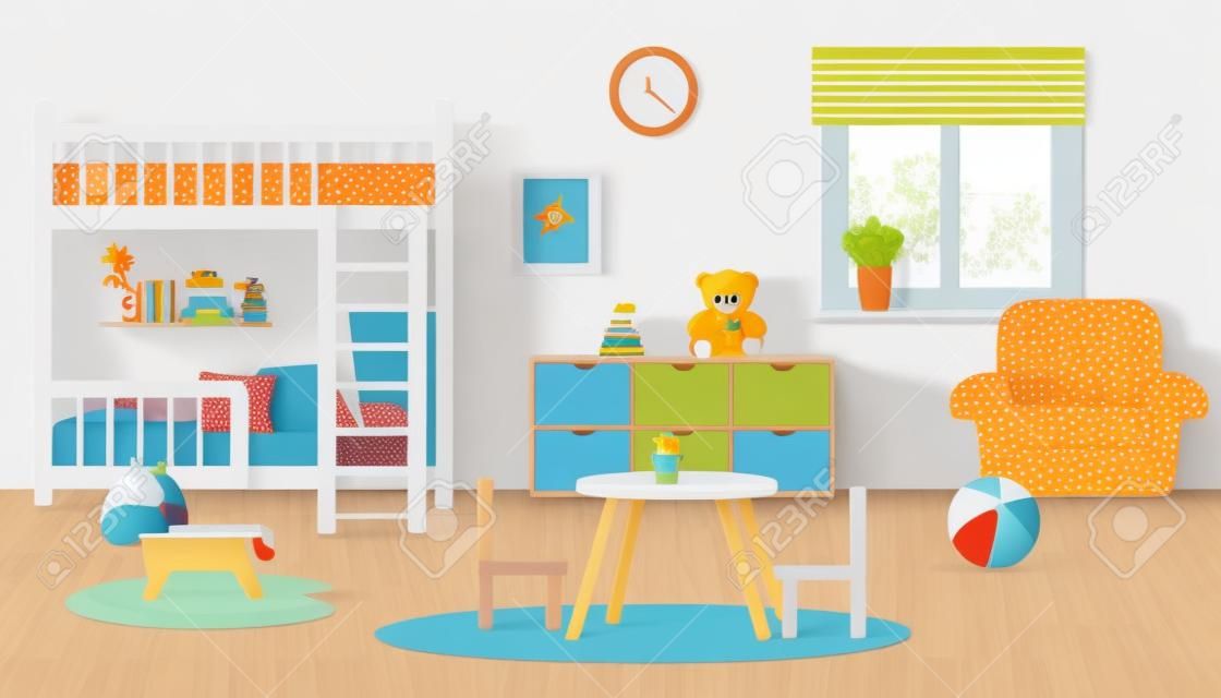 Cameretta per bambini con colori neutri. Interno camera da letto per bambini con mobili e giocattoli. Illustrazione vettoriale in uno stile piatto