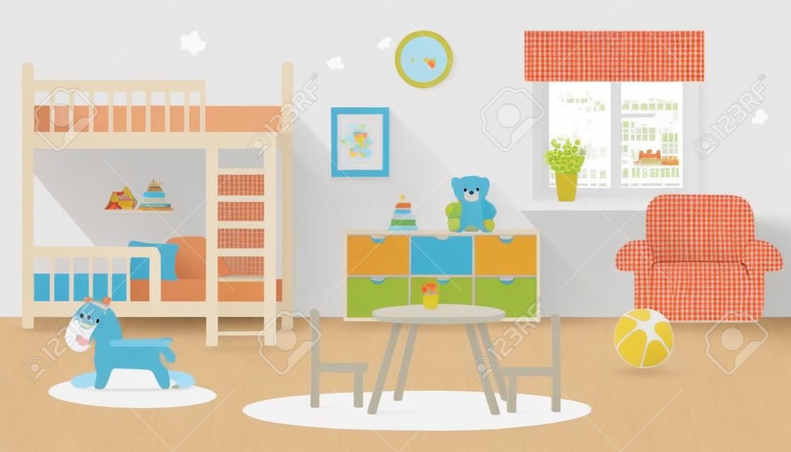 Kinderkamer met neutrale kleuren. Kinderslaapkamer interieur met meubels en speelgoed. Vector illustratie in een platte stijl