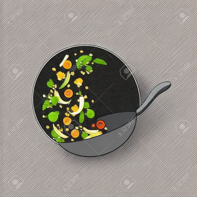 Garverfahren Illustration. Flipping asiatische Küche in einer Pfanne erhitzen. Cartoon-Stil. Wohnung