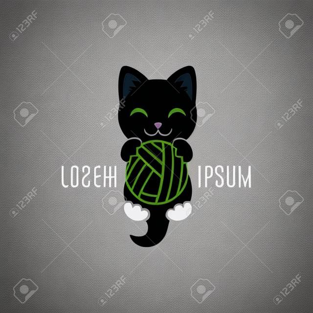 Czarny kształt kociak z piłką w łapach. Logo Cat. Prosty logotyp zwierzęcy dla kliniki sklepowej lub weterynaryjnej lub firmy wykonanej ręcznie