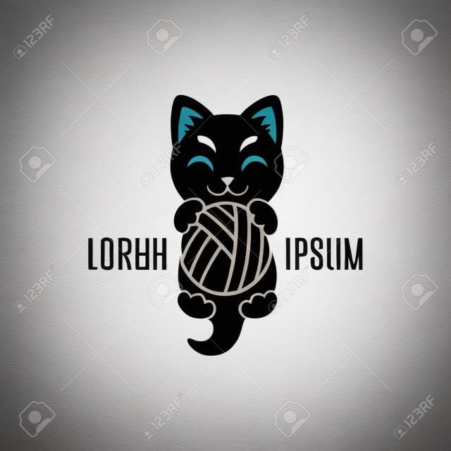 Black shape of kitten with ball in paws. Cat logo. Simple animal logotype for shop and vet clinic or handmade company