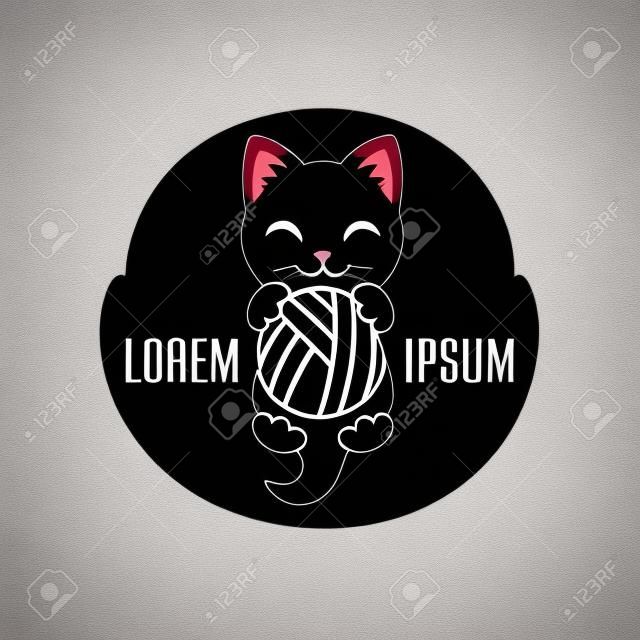 Forme noire de chaton avec balle dans les pattes. Logo de chat. Logotype animal simple pour clinique commerciale et vétérinaire ou entreprise artisanale