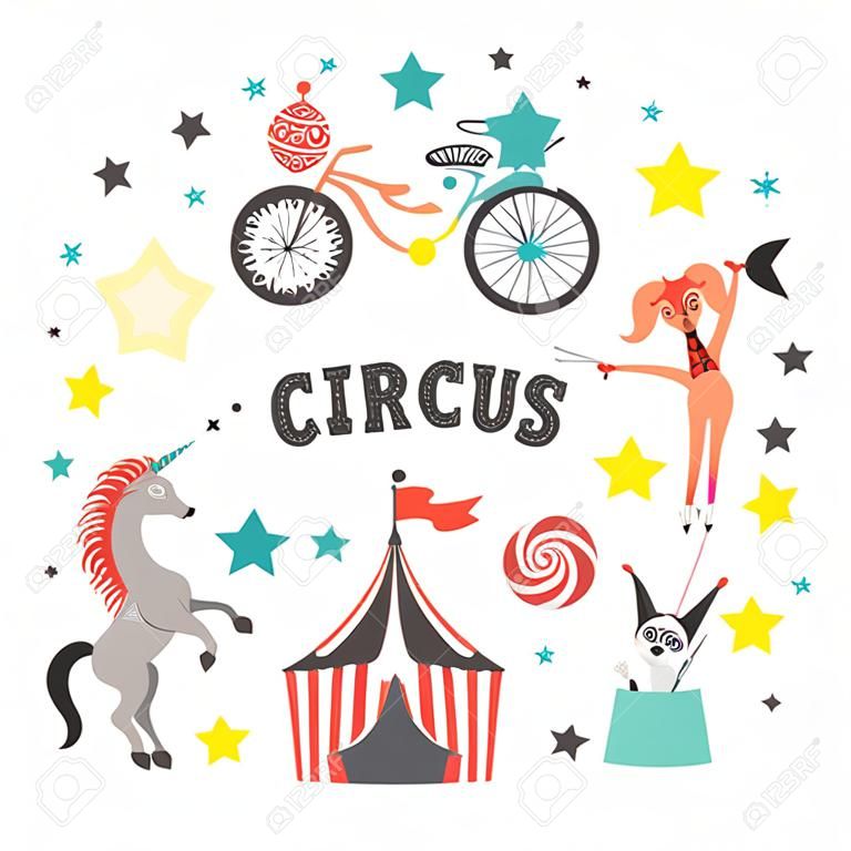 Circus animal cute cartoon characters set vector illustration.