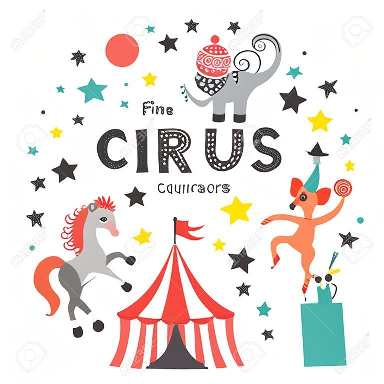 Circus animal cute cartoon characters set vector illustration.