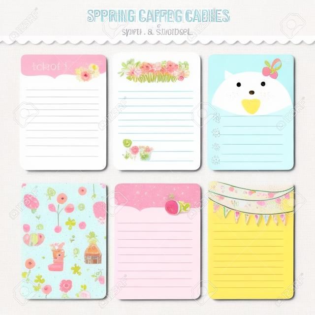 Cute cards, notes and stickers with spring and summer illustrations. Template for scrapbooking, notebooks, diary, personal schedule and school accessories.
