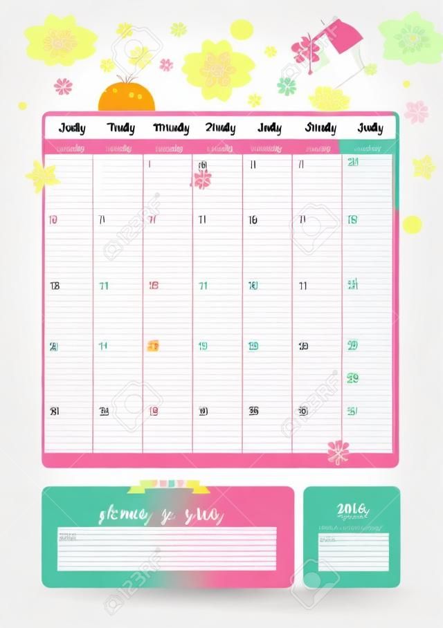可愛的日曆模板2016年的美麗日記與矢量字符和有趣的插圖動物和兒童。時尚的假日季節背景。良好的管理和安排使用場所的注意事項