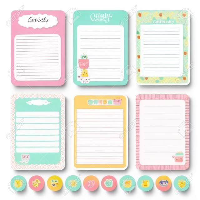 Cute Calendar Daily and Weekly Planner Template. Note Paper and Stickers Set with Vector Funny Animals Illustrations. Good for Kids. Cute Background. Organizer and Schedule with place for Notes.