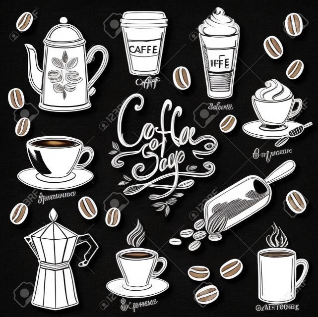 hand drawn coffee doodles set