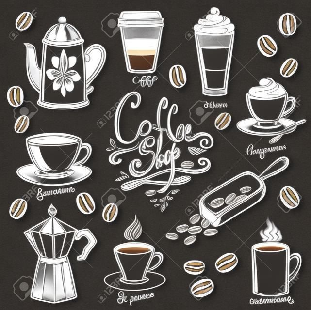 griffonnages de café dessinés à la main mis en