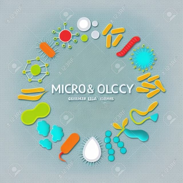 Vírusok és baktériumok kártya. Concept of Microbiology. Lapos design. Vektor illusztráció