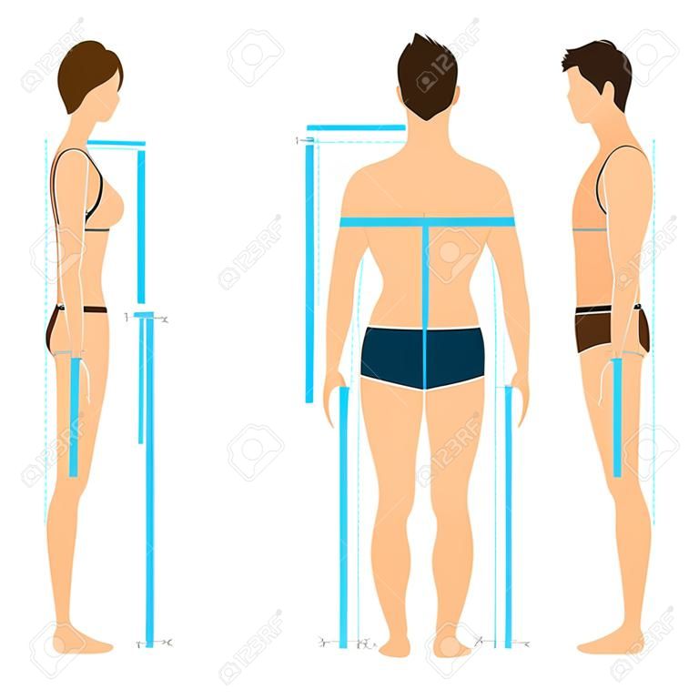 Woman and Man Body Front and Back for Measurement. Flat Design Style. Vector illustration
