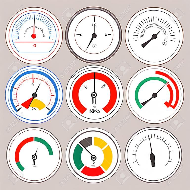 Манометр датчик температуры Круглые Устройства набора индикаторов Минимальное и максимальное. Векторная иллюстрация
