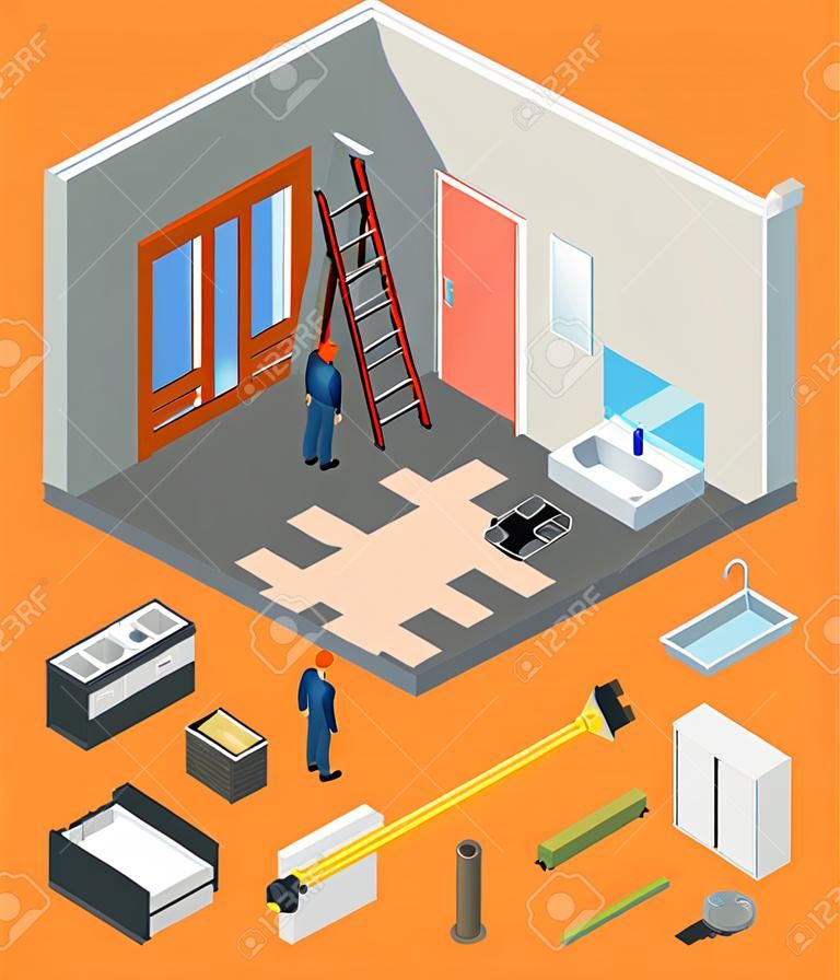 Interior Renovation Room or House and Parts Isometric View. Vector