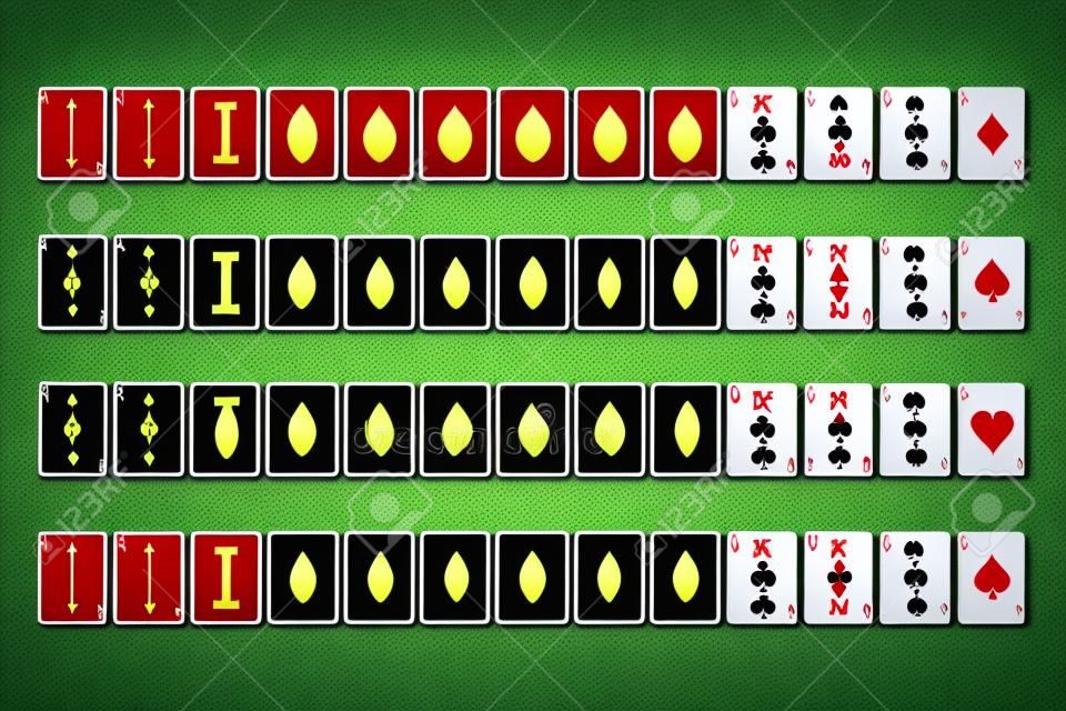 Mazzo completo di carte da gioco del poker su un simbolo verde del gioco d'azzardo nel casinò. Illustrazione vettoriale del set di giochi