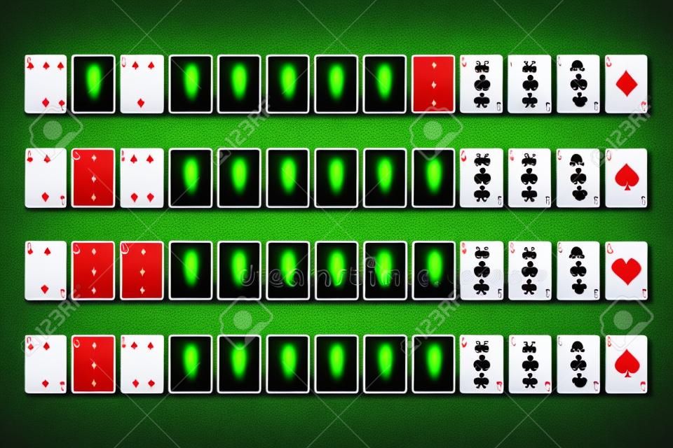 Mazzo completo di carte da gioco del poker su un simbolo verde del gioco d'azzardo nel casinò. Illustrazione vettoriale del set di giochi