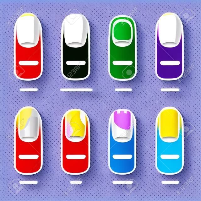 Cartone animato colore unghie malattie set di icone elemento problema unghia del piede concetto piatto stile di design. Illustrazione vettoriale di chiodi