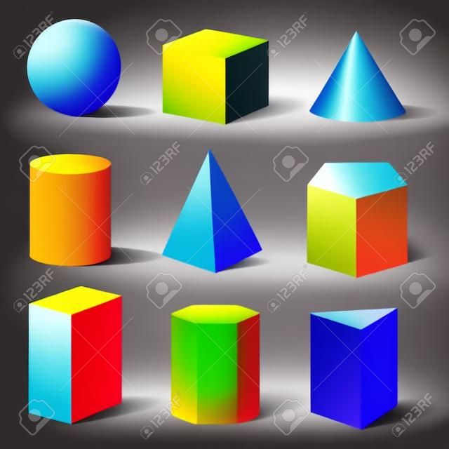 Set di forme di base di colore 3d dettagliate realistiche. Vettore