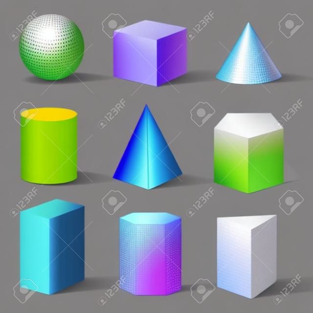 Set di forme di base di colore 3d dettagliate realistiche. Vettore