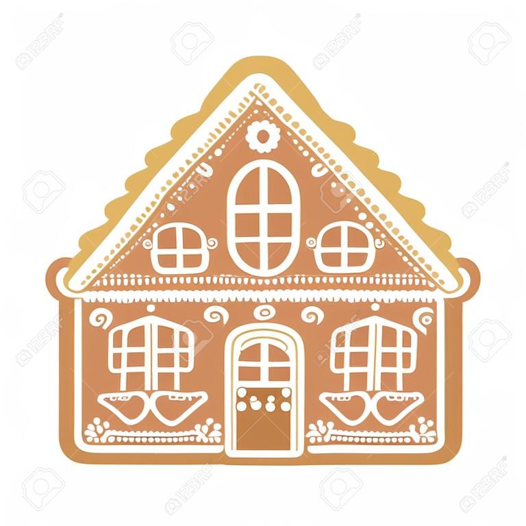 Cartoon festliche Lebkuchenhaus auf einem weißen Hintergrund isoliert Süße Weihnachten traditionelle Cookie Konzept Element Flat Design Style. Vektor-Illustration von Winternahrung