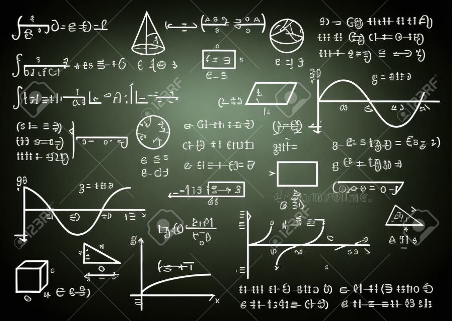 Fórmulas de ciência matemática Linha fina em um fundo de quadro-negro verde. Ilustração vetorial de conceito de educação ou ciência