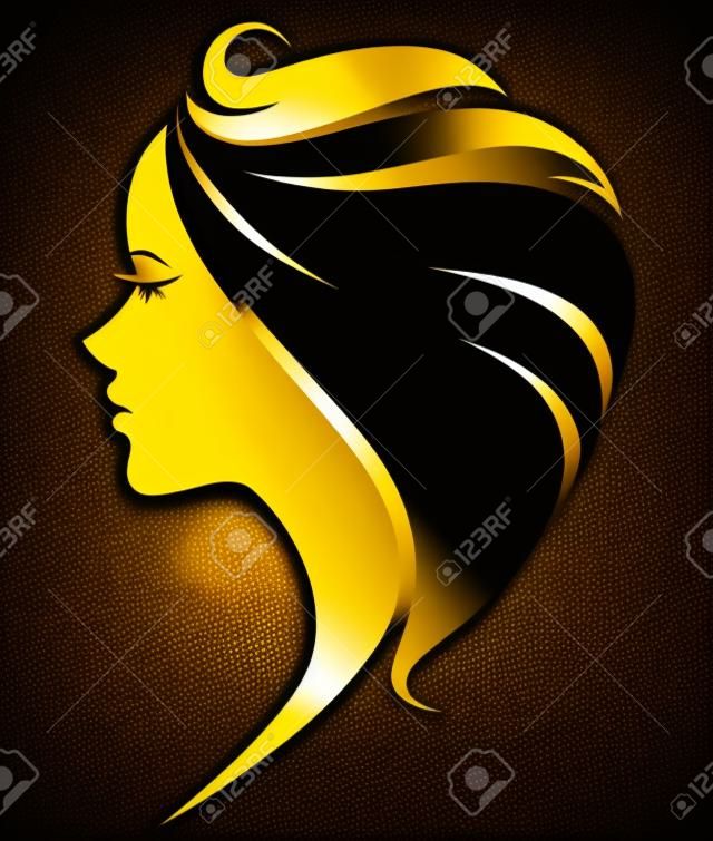 イラスト女性黄金シルエット アイコンの女性は黒い背景にロゴに直面