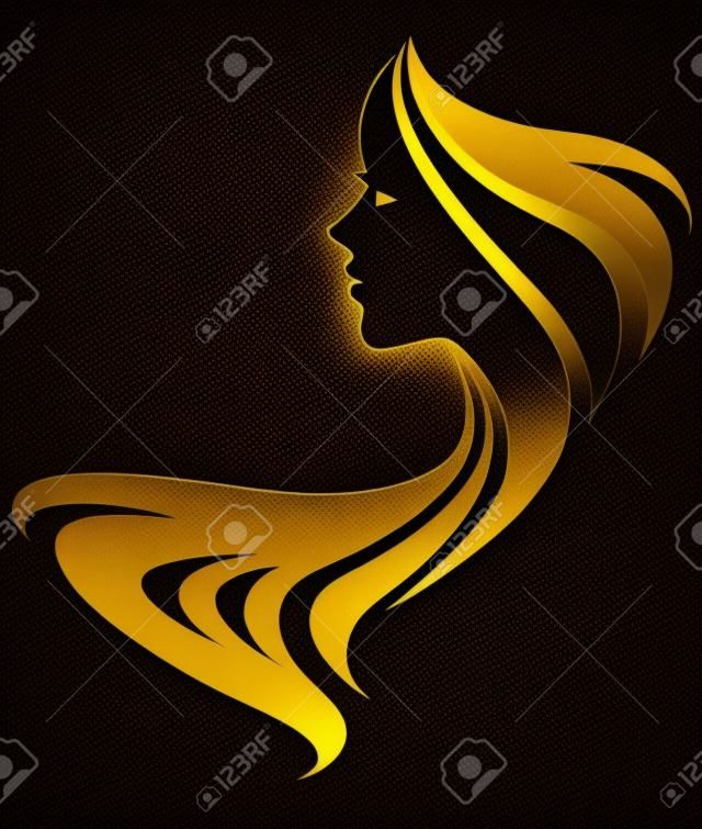 ilustração, vetorial, de, mulheres, silhueta, dourado, ícone, mulheres, rosto, logotipo, ligado, fundo preto