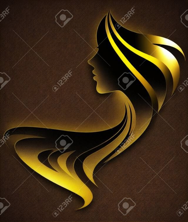 女性的插圖矢量剪影金色圖標，婦女面臨的標誌在黑色背景上