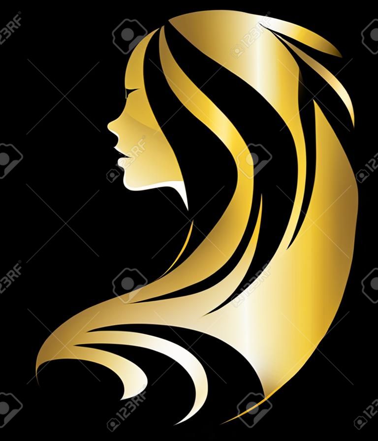 ilustração, vetorial, de, mulheres, silhueta, dourado, ícone, mulheres, rosto, logotipo, ligado, fundo preto
