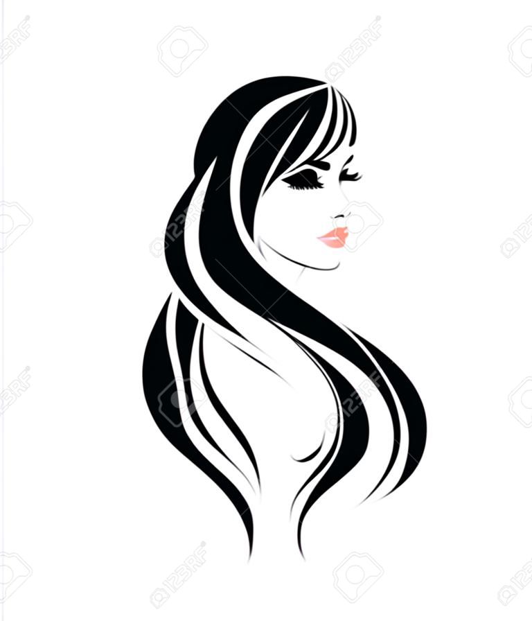 ilustração, de, mulheres, cabelo longo, estilo, ícone, logotipo, mulheres, rosto, ligado, fundo branco, vetor