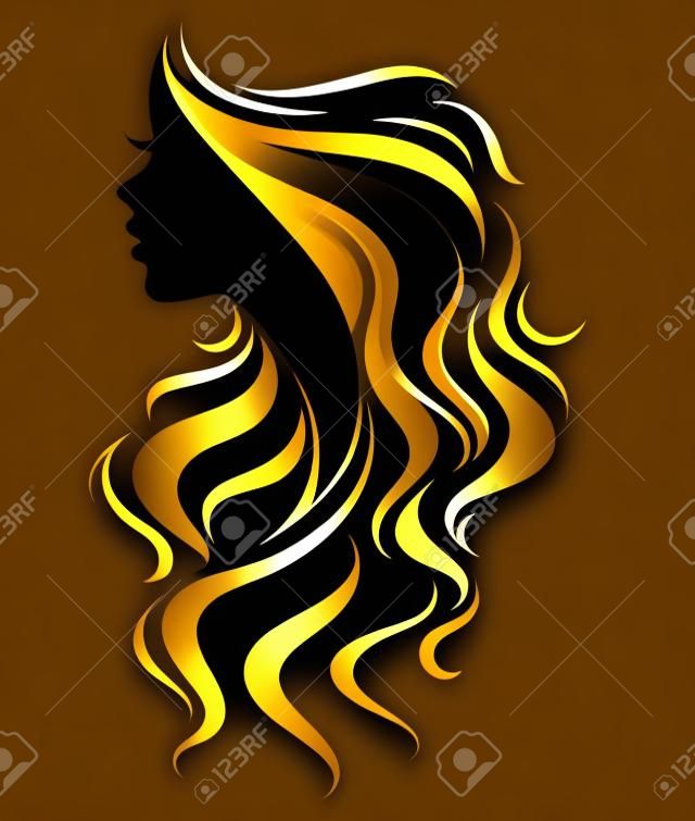 ●女性シルエット黄金のアイコンのイラストベクトル、女性は黒い背景にロゴに直面