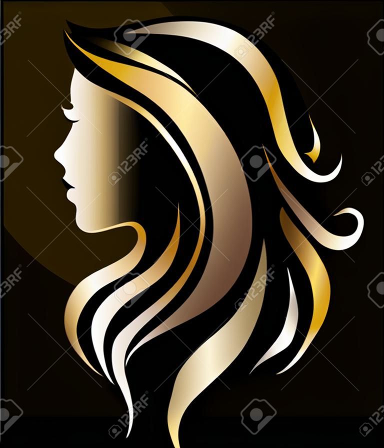 Afbeelding vector van vrouwen silhouet gouden icoon, vrouwen gezicht logo op zwarte achtergrond