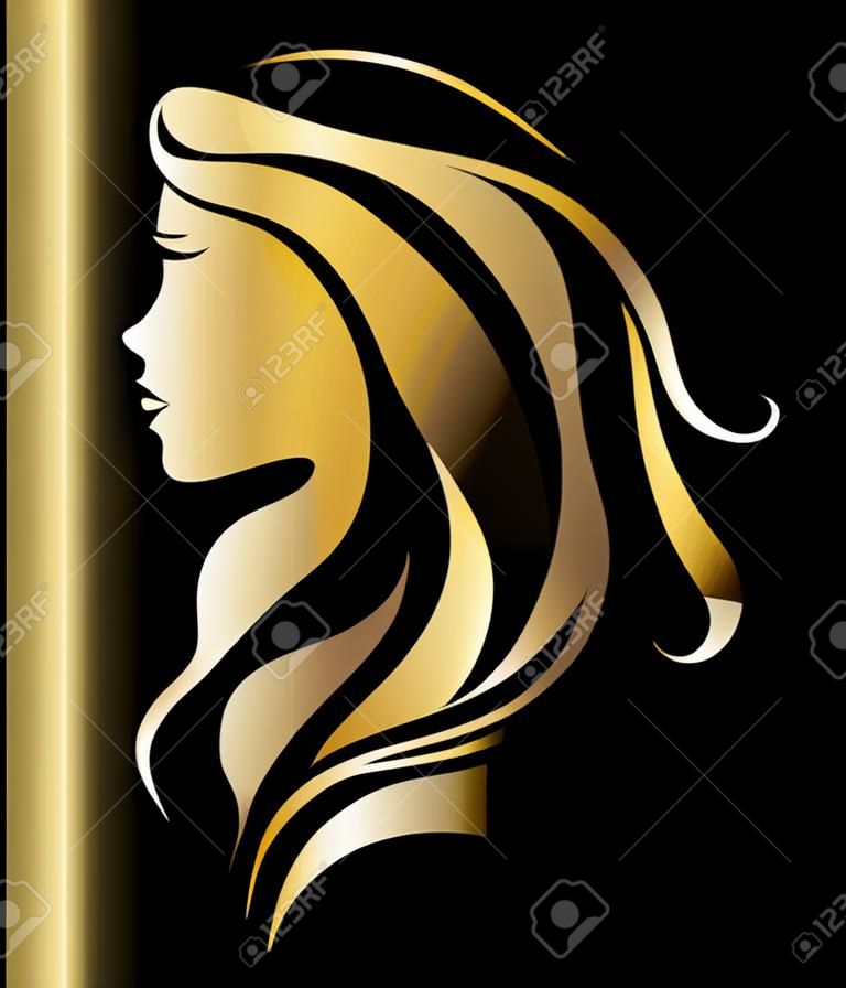 Wektor ilustracja kobiety sylwetka złotej ikony, logo twarz kobiety na czarnym tle