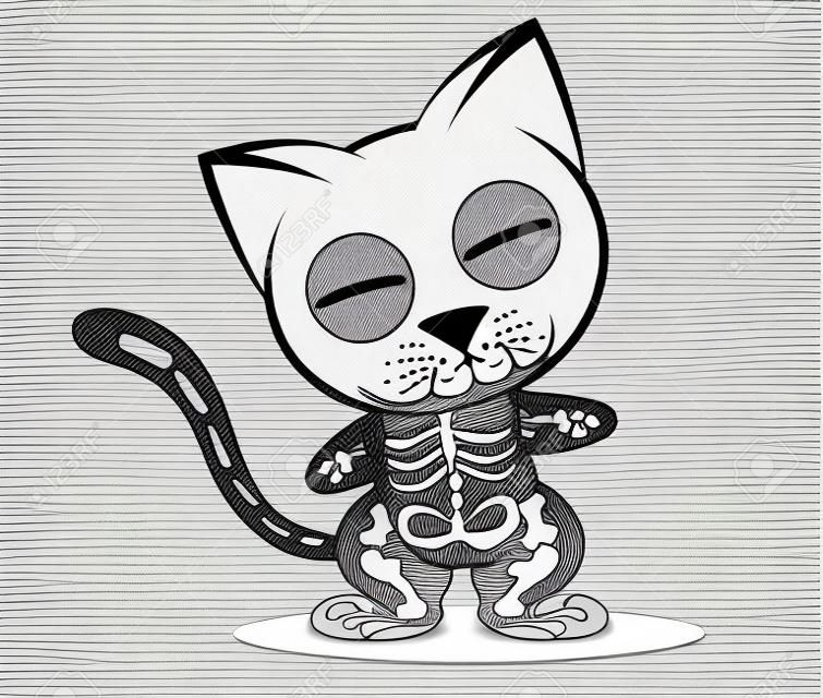 Illustrazioni di azione di gatto scheletro su sfondo bianco, vettore di azione di animali.
