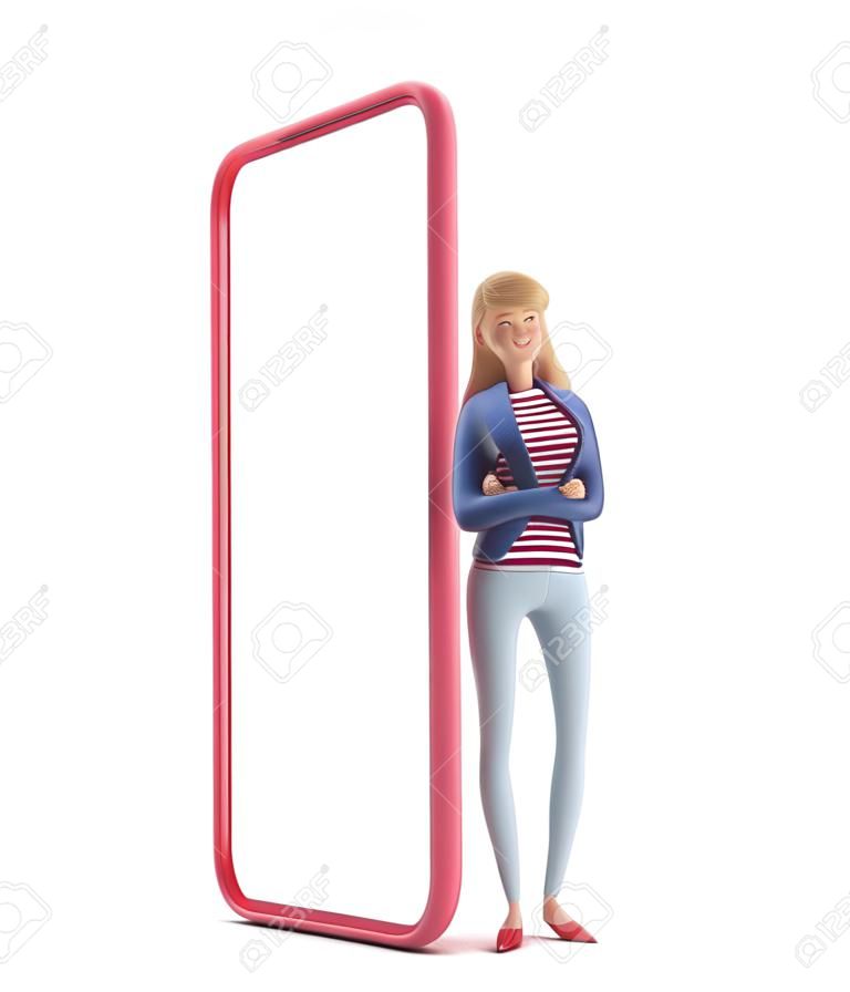 Young business woman Emma standing with big phone on  a white background. 3d illustration
