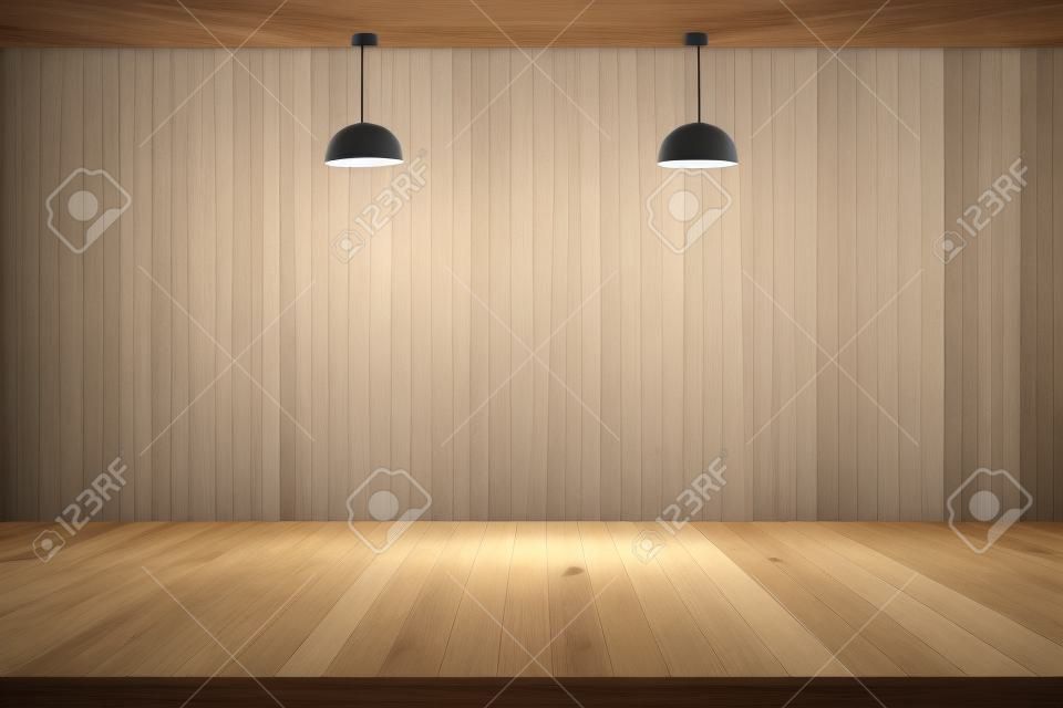 Lege houten kamer. vloer, muur en Lamp plafond interieur. voor montage of display producten presentatie.