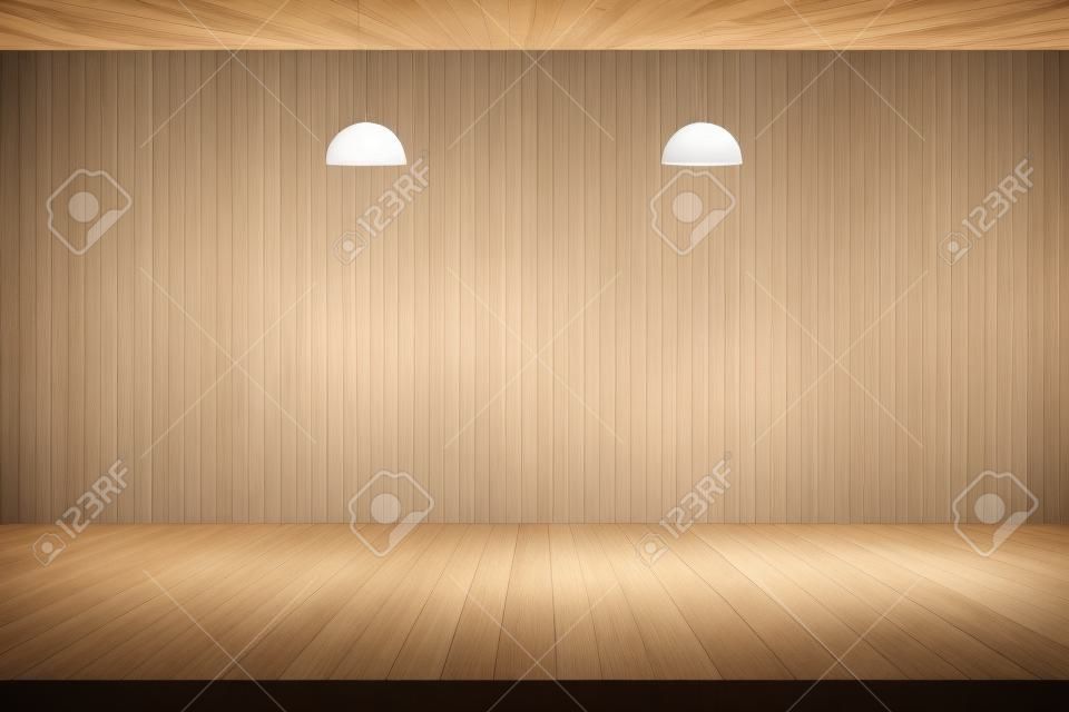 Stanza di legno vuota. pavimento, parete e lampada soffitto interno. per il montaggio o la presentazione di prodotti da esposizione. Sfondo