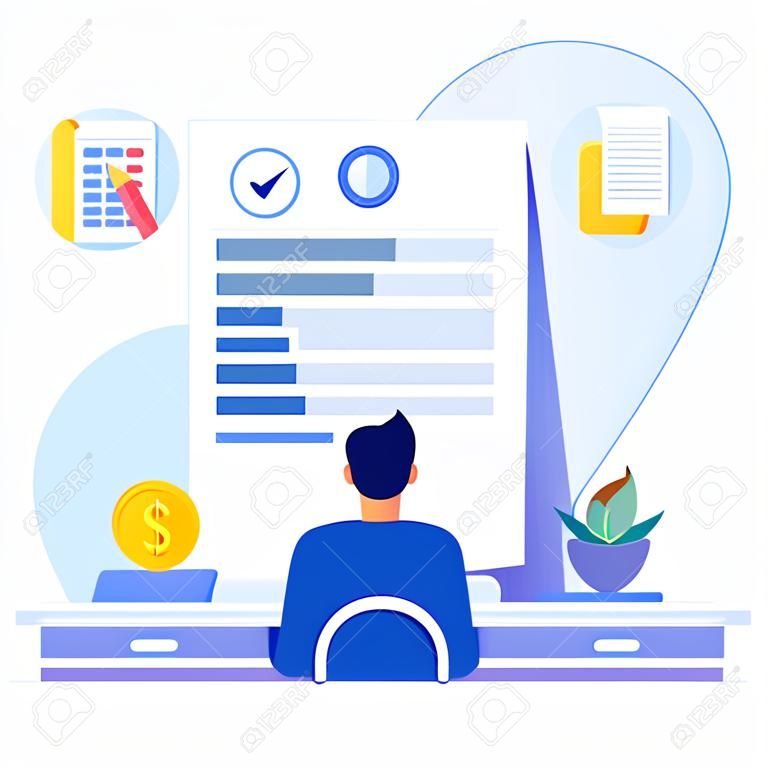 Flat vector illustration of payroll and employee payroll reports. Calculation of company income, tax revenue and budget planning.