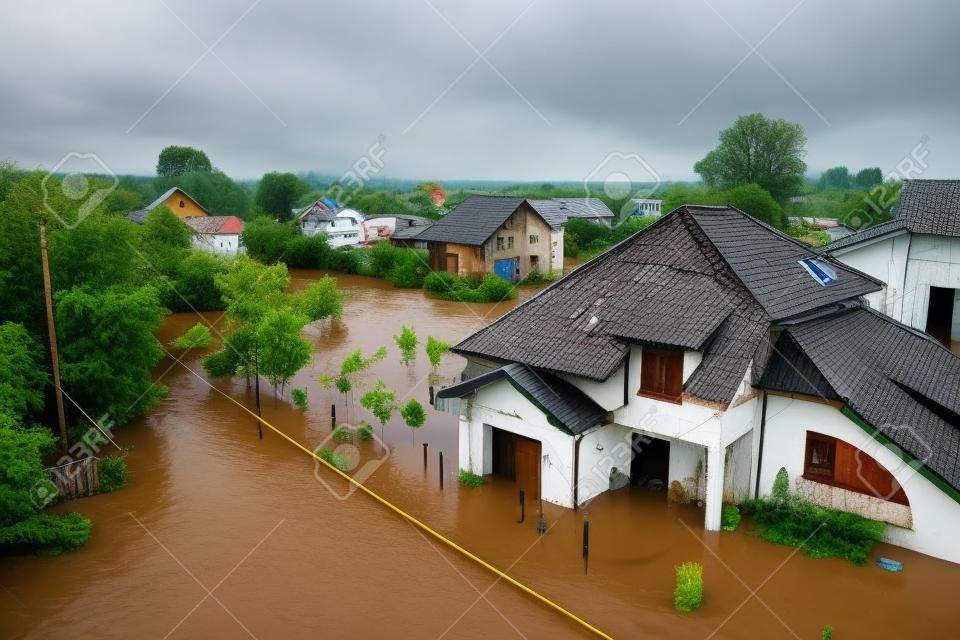 Veduta aerea di case allagate con acqua sporca del fiume Dnister nella città di Halych, Ucraina occidentale.
