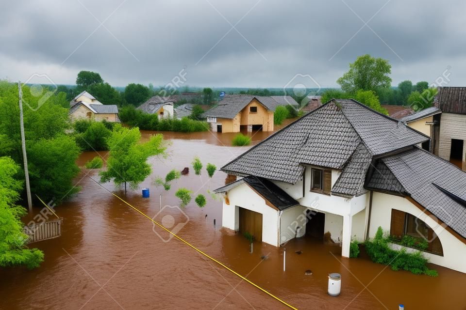 Vista aérea de casas inundadas com água suja do rio Dnister na cidade de Halitch, oeste da Ucrânia.
