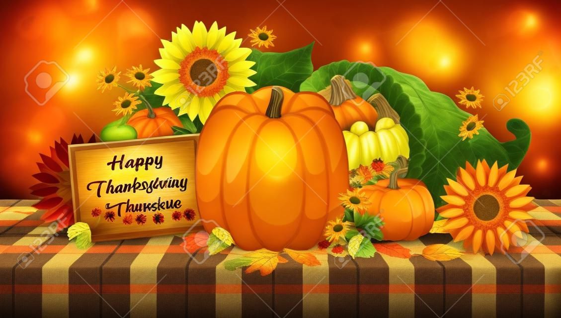 Happy Thanksgiving - Mesa decorativa com abóboras, girassóis e uma cornucópia