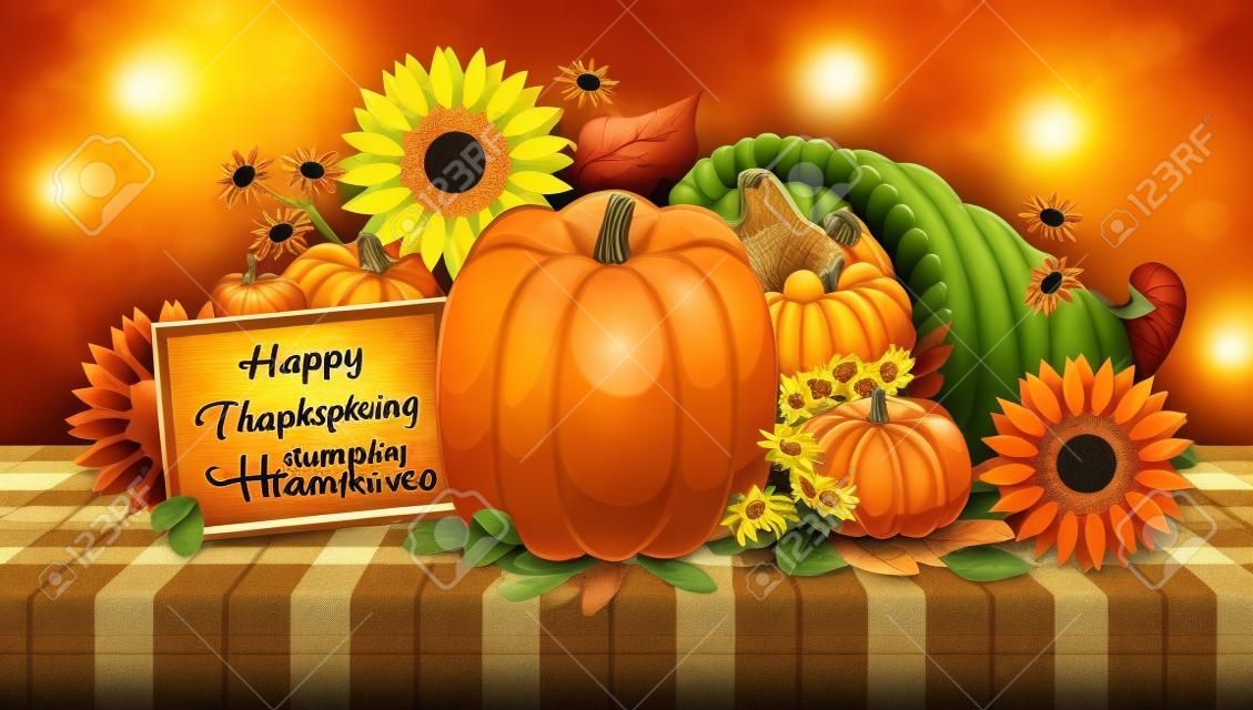 Happy Thanksgiving - Mesa decorativa com abóboras, girassóis e uma cornucópia