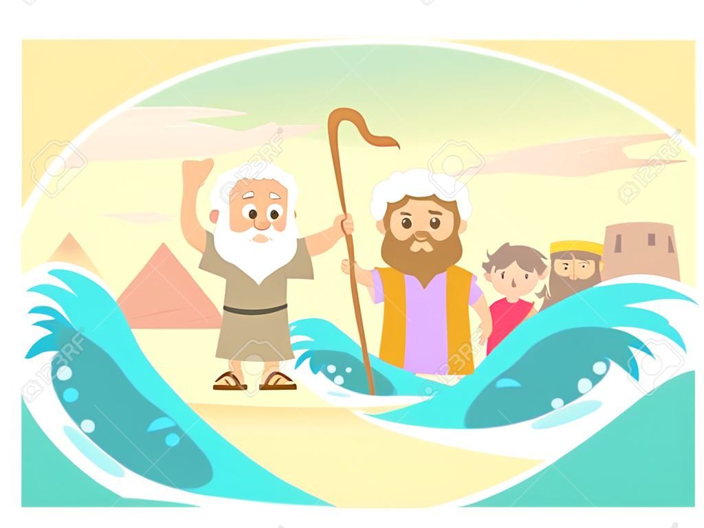 摩西分裂海 - 摩西可愛的卡通分裂紅海的以色列人離開埃​​及。 Eps10