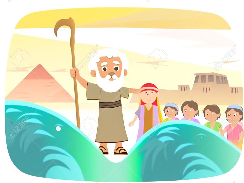 Moses Splitting The Sea - Cute cartoon di Mosè dividere il Mar Rosso con il israelita di lasciare l'Egitto. Eps10