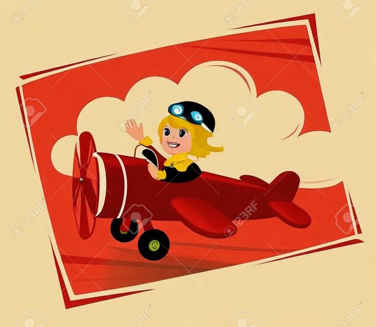 Amelia Earhart在红色飞机上放飞可爱的卡通形象