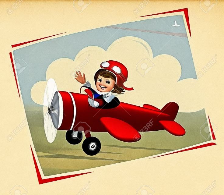 Amelia Earhart在红色飞机上放飞可爱的卡通形象