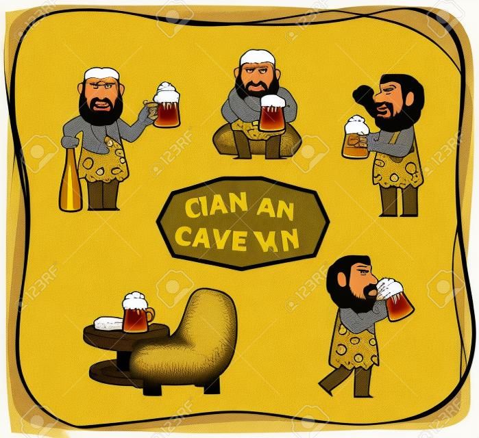 Caveman With Beer - Arte dos desenhos animados de um homem das cavernas com uma cerveja em poses diferentes. Eps10