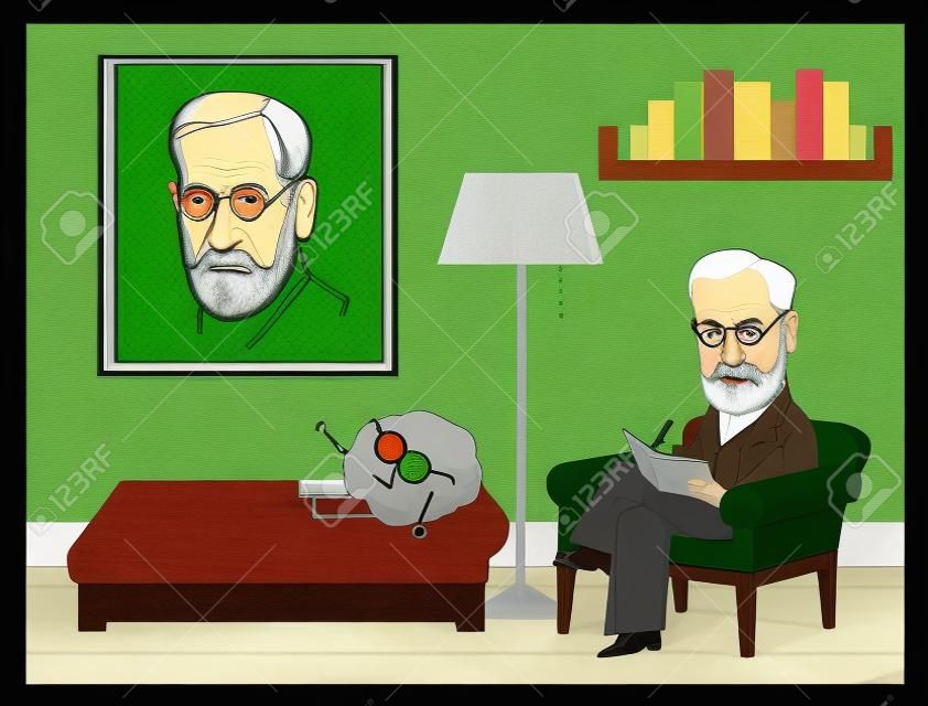 西格蒙德佛洛伊德卡通-佛洛伊德坐在绿色的沙发上用眼镜分析大脑。